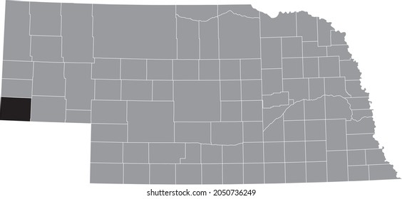 Black highlighted location map of the Kimball County inside gray map of the Federal State of Nebraska, USA