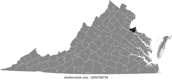 Black highlighted location map of the King George inside gray administrative map of the Federal State of Virginia, USA