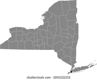 Black highlighted location map of the Kings County inside gray map of the Federal State of New York, USA