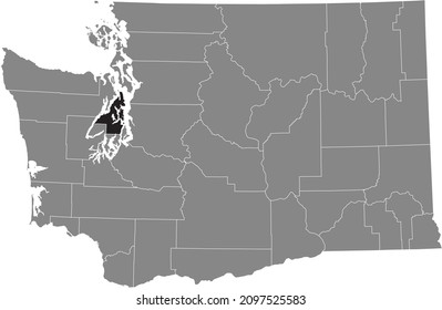 Black highlighted location map of the Kitsap County inside gray administrative map of the Federal State of Washington, USA