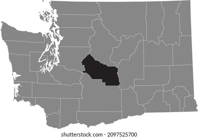 Black highlighted location map of the Kittitas County inside gray administrative map of the Federal State of Washington, USA