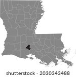 Black highlighted location map of the Lafayette Parish inside gray map of the Federal State of Louisiana, USA