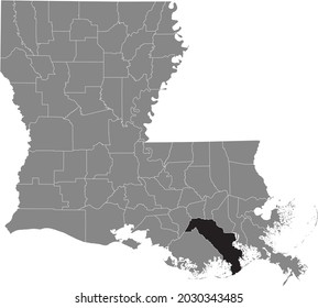 Black Highlighted Location Map Of The Lafourche Parish Inside Gray Map Of The Federal State Of Louisiana, USA