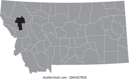 Black highlighted location map of the Lake County inside gray map of the Federal State of Montana, USA