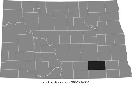 Black highlighted location map of the LaMoure County inside gray administrative map of the Federal State of North Dakota, USA
