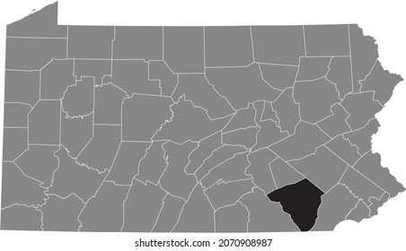 Black highlighted location map of the Lancaster County inside gray administrative map of the Federal State of Pennsylvania, USA