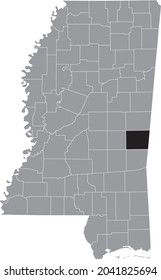 Black highlighted location map of the Lauderdale County inside gray map of the Federal State of Mississippi, USA