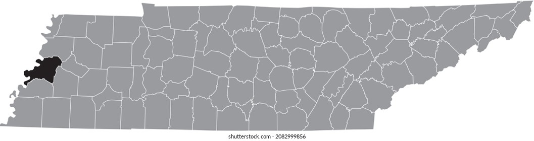 Black highlighted location map of the Lauderdale County inside gray administrative map of the Federal State of Tennessee, USA
