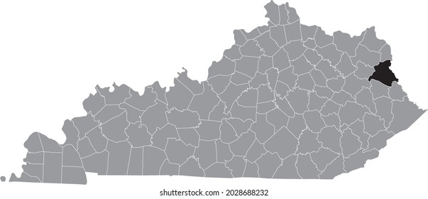 Black highlighted location map of the Lawrence County inside gray map of the Federal State of Kentucky, USA