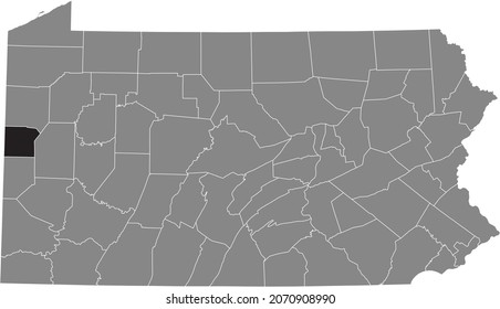 Black highlighted location map of the Lawrence County  inside gray administrative map of the Federal State of Pennsylvania, USA