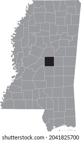 Black highlighted location map of the Leake County inside gray map of the Federal State of Mississippi, USA