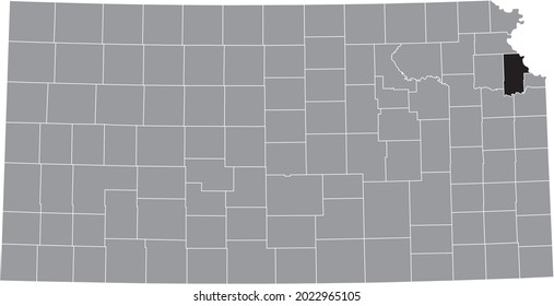 Black highlighted location map of the Leavenworth County inside gray map of the Federal State of Kansas, USA