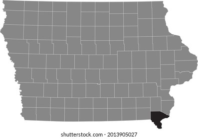Black highlighted location map of the Lee County inside gray map of the Federal State of Iowa, USA