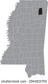 Black highlighted location map of the Lee County inside gray map of the Federal State of Mississippi, USA