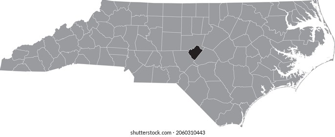 Black highlighted location map of the Lee County inside gray administrative map of the Federal State of North Carolina, USA