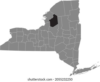 Black highlighted location map of the Lewis County inside gray map of the Federal State of New York, USA