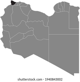 Black highlighted location map of the Libyan Nuqat al Khams district inside gray map of the State of Libya