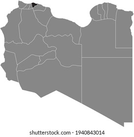 Black highlighted location map of the Libyan Tripoli district inside gray map of the State of Libya