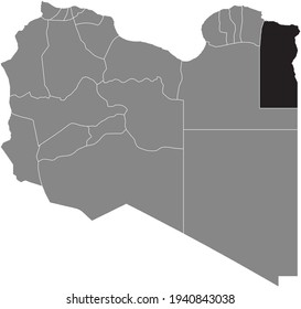 Mapa de ubicación resaltado por negros del distrito Tobruk libio dentro del mapa gris del estado de Libia