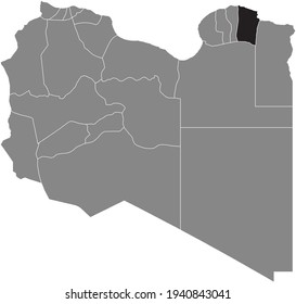 Black highlighted location map of the Libyan Derna district inside gray map of the State of Libya