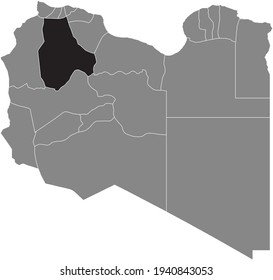 Black highlighted location map of the Libyan Jabal al Gharbi district inside gray map of the State of Libya