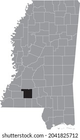 Black highlighted location map of the Lincoln County inside gray map of the Federal State of Mississippi, USA