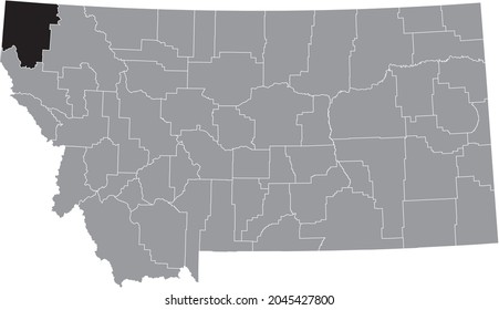 Black highlighted location map of the Lincoln County inside gray map of the Federal State of Montana, USA