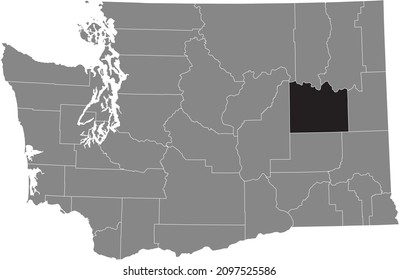 Black highlighted location map of the Lincoln County inside gray administrative map of the Federal State of Washington, USA