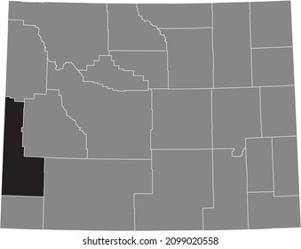 Black highlighted location map of the Lincoln County inside gray administrative map of the Federal State of Wyoming, USA