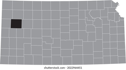 Black highlighted location map of the Logan County inside gray map of the Federal State of Kansas, USA
