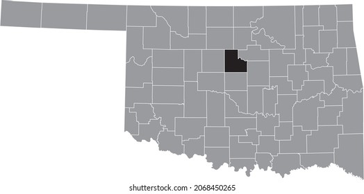 Black highlighted location map of the Logan County inside gray administrative map of the Federal State of Oklahoma, USA