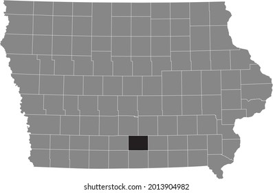 Black highlighted location map of the Lucas County inside gray map of the Federal State of Iowa, USA