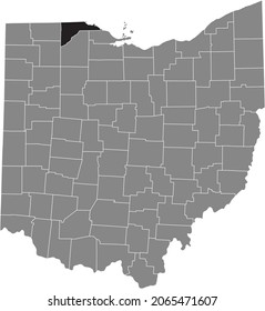 Black highlighted location map of the Lucas County inside gray administrative map of the Federal State of Ohio, USA