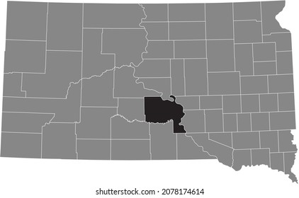 Black highlighted location map of the Lyman County inside gray administrative map of the Federal State of South Dakota, USA