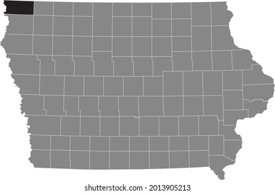 Black highlighted location map of the Lyon County inside gray map of the Federal State of Iowa, USA