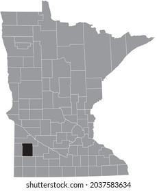 Black highlighted location map of the Lyon County inside gray map of the Federal State of Minnesota, USA