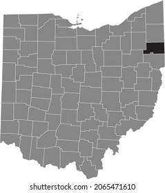 Black highlighted location map of the Mahoning County inside gray administrative map of the Federal State of Ohio, USA