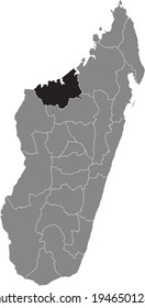 Black highlighted location map of the Malagasy Boeny region inside gray map of the Republic of Madagascar