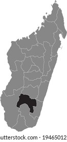 Mapa de ubicación resaltado en negro de la región malgache de Ihorombe dentro del mapa gris de la República de Madagascar