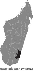 Black highlighted location map of the Malagasy Atsimo-Atsinanana region inside gray map of the Republic of Madagascar