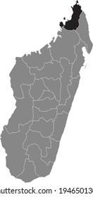 Black highlighted location map of the Malagasy Diana region inside gray map of the Republic of Madagascar