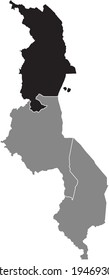 Black highlighted location map of the Malawian Northern Region inside gray map of the Republic of Malawi