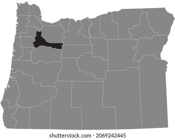 Black highlighted location map of the Marion County inside gray administrative map of the Federal State of Oregon, USA