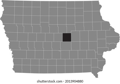 Black highlighted location map of the Marshall County inside gray map of the Federal State of Iowa, USA