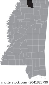 Black highlighted location map of the Marshall County inside gray map of the Federal State of Mississippi, USA