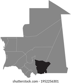 Black highlighted location map of the Mauritanian Hodh El Gharbi region inside gray map of the Islamic Republic of Mauritania