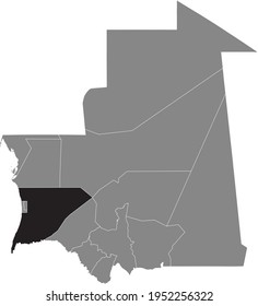 Black highlighted location map of the Mauritanian Trarza region inside gray map of the Islamic Republic of Mauritania