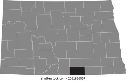 Black highlighted location map of the McIntosh County inside gray administrative map of the Federal State of North Dakota, USA