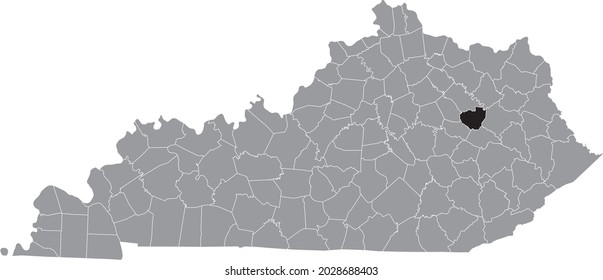 Black highlighted location map of the Menifee County inside gray map of the Federal State of Kentucky, USA