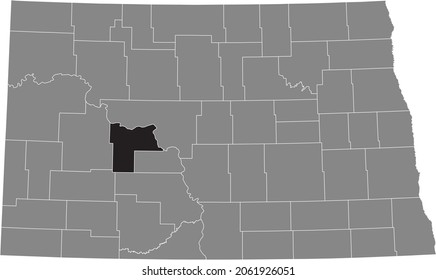 Black highlighted location map of the Mercer County inside gray administrative map of the Federal State of North Dakota, USA